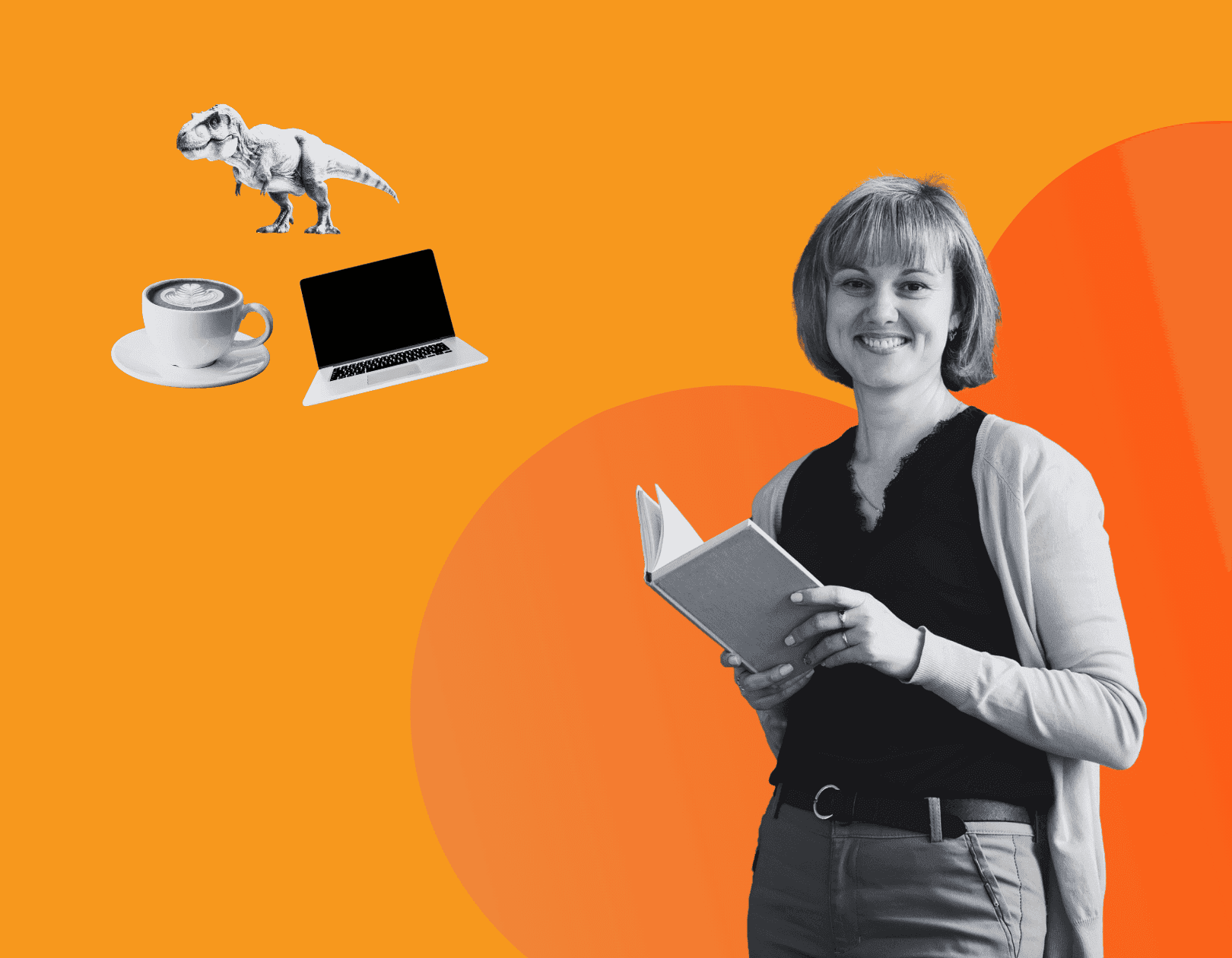 Banner over geschiedenis van freelancen met vrouw die boek leest, laptop, koffie en dinosaurus als tijdlijnsymbolen.