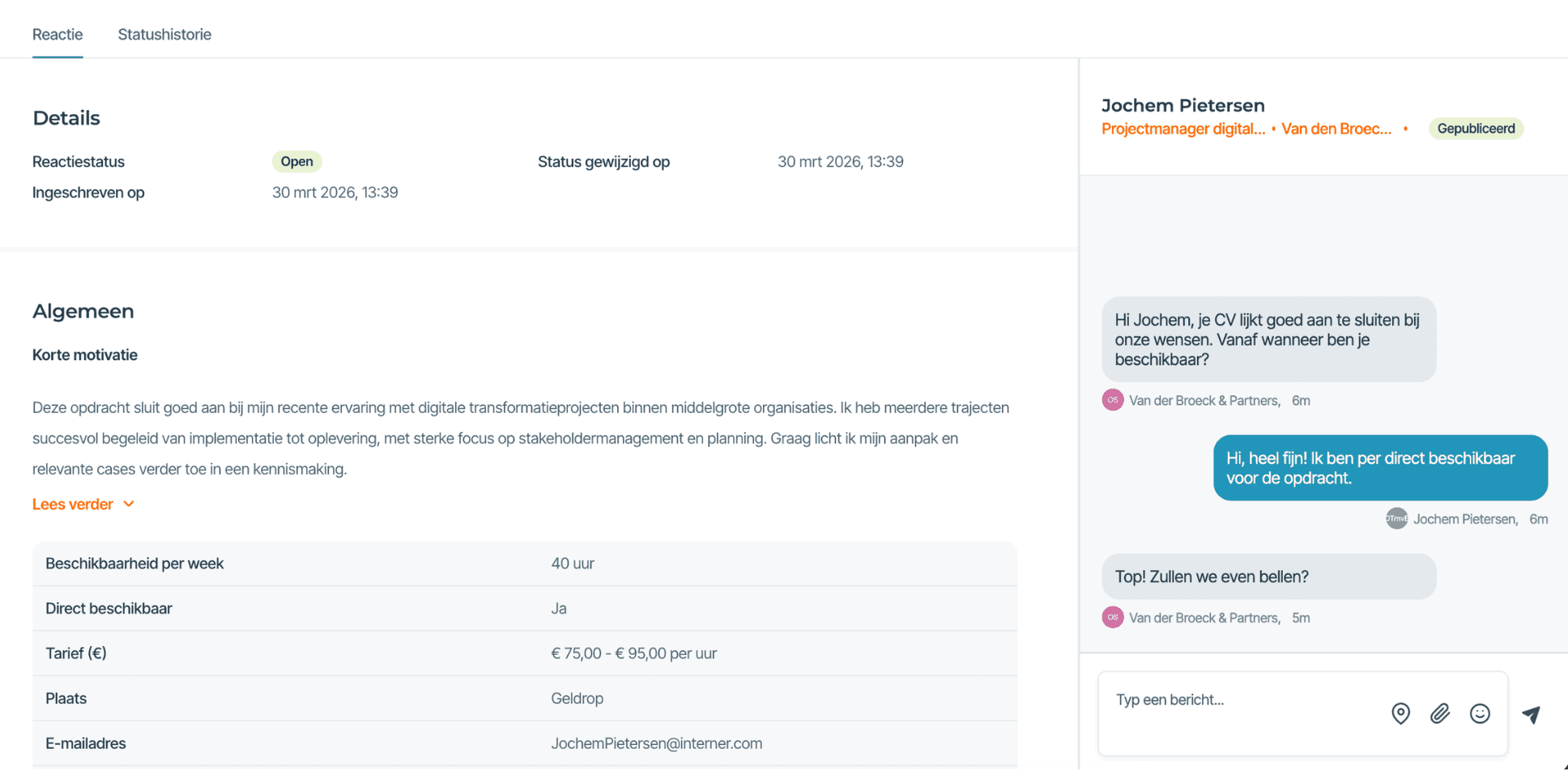 Direct contact met kandidaten in onze chatfunctie.