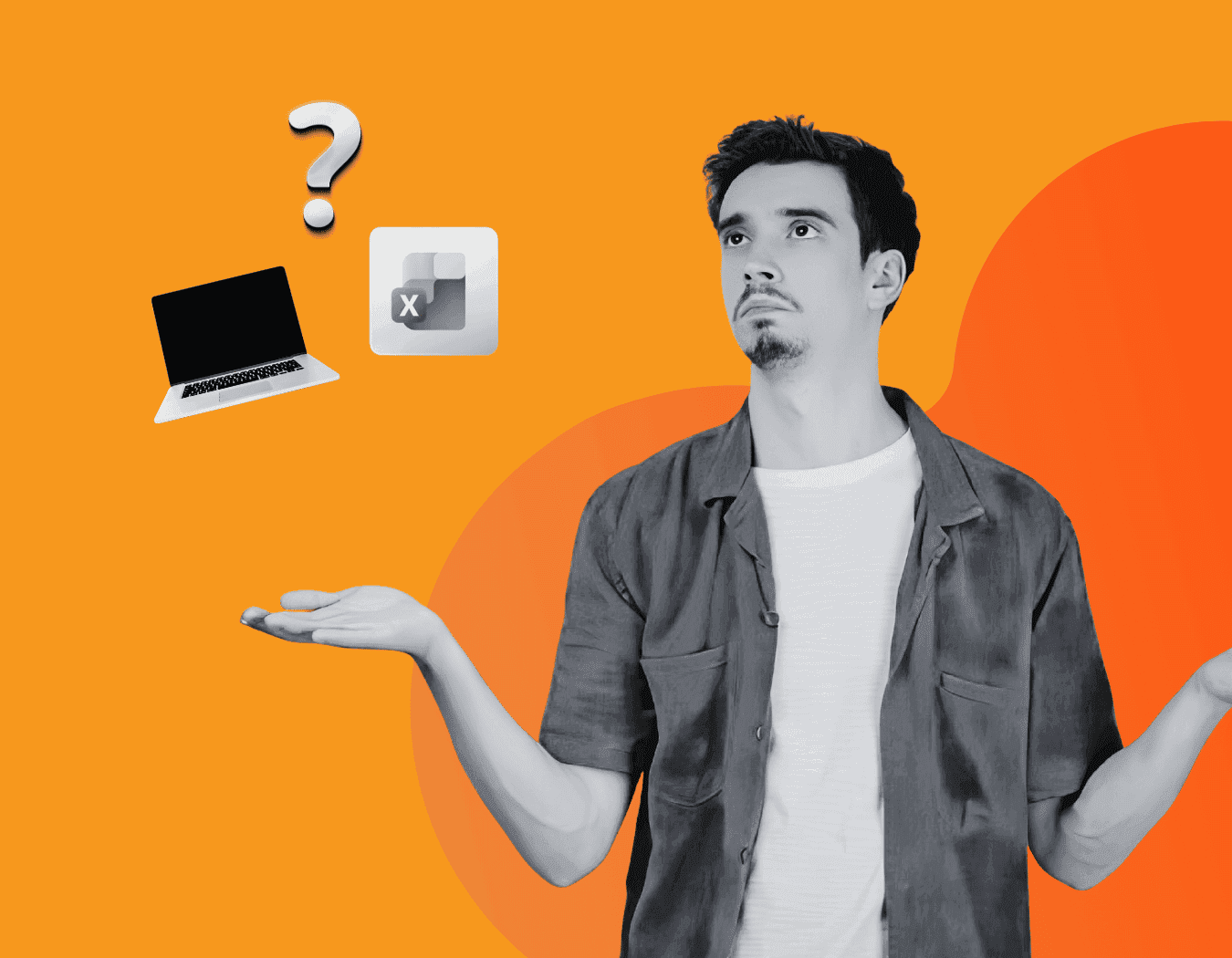 Twijfelende freelancer weegt keuze tussen laptop en Excel, met vraagteken boven het hoofd.
